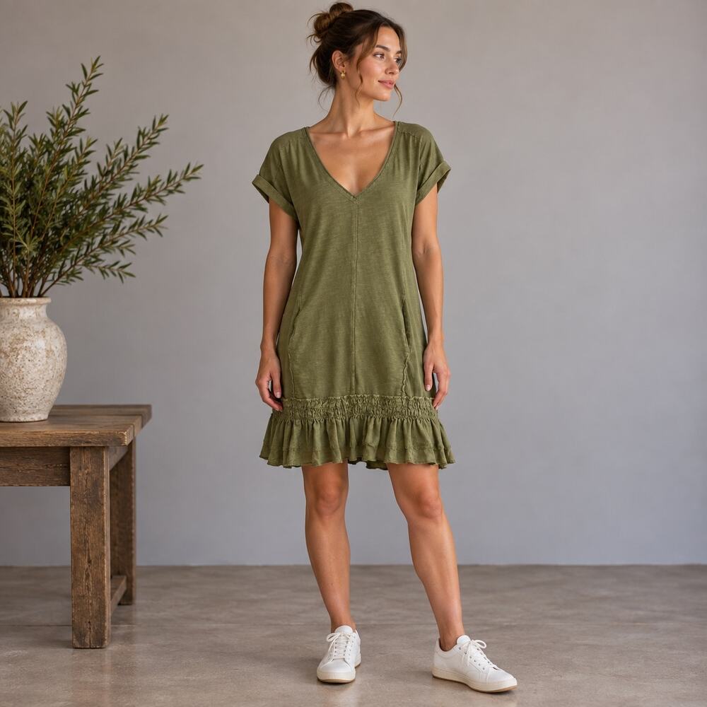 Daily Practice Olive Green Solana Short Sleeve Ruffle Hem T Shirt Tunic Dress XS